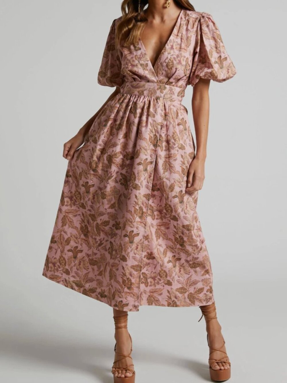 Amalie The Label Franc Linen Blend Puff Sleeve Wrap Midi Dress US 10 Pink Floral